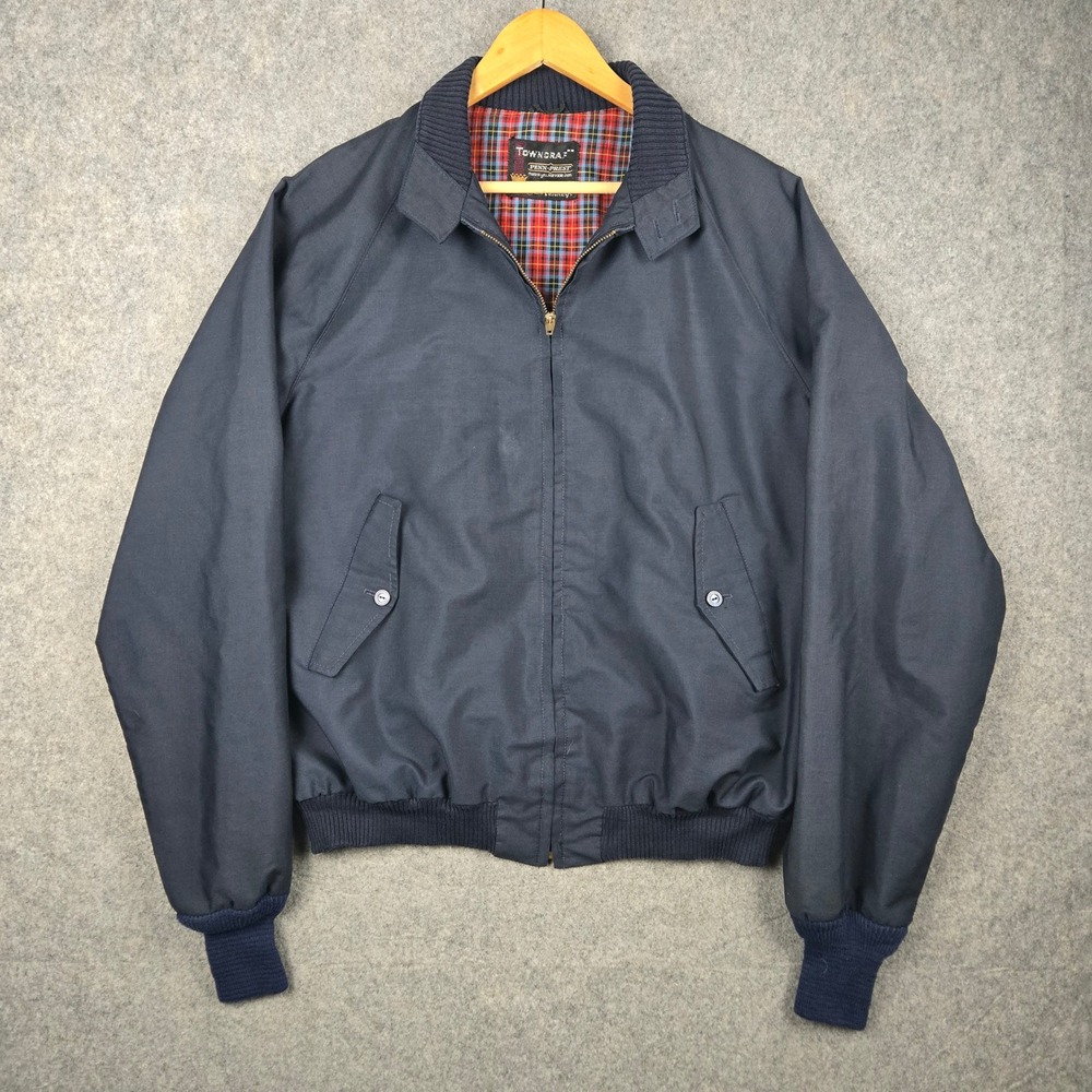 Penneys Towncraft Harrington Jacket Mens XL Blue Plaid Lined Bomber 60s 70s